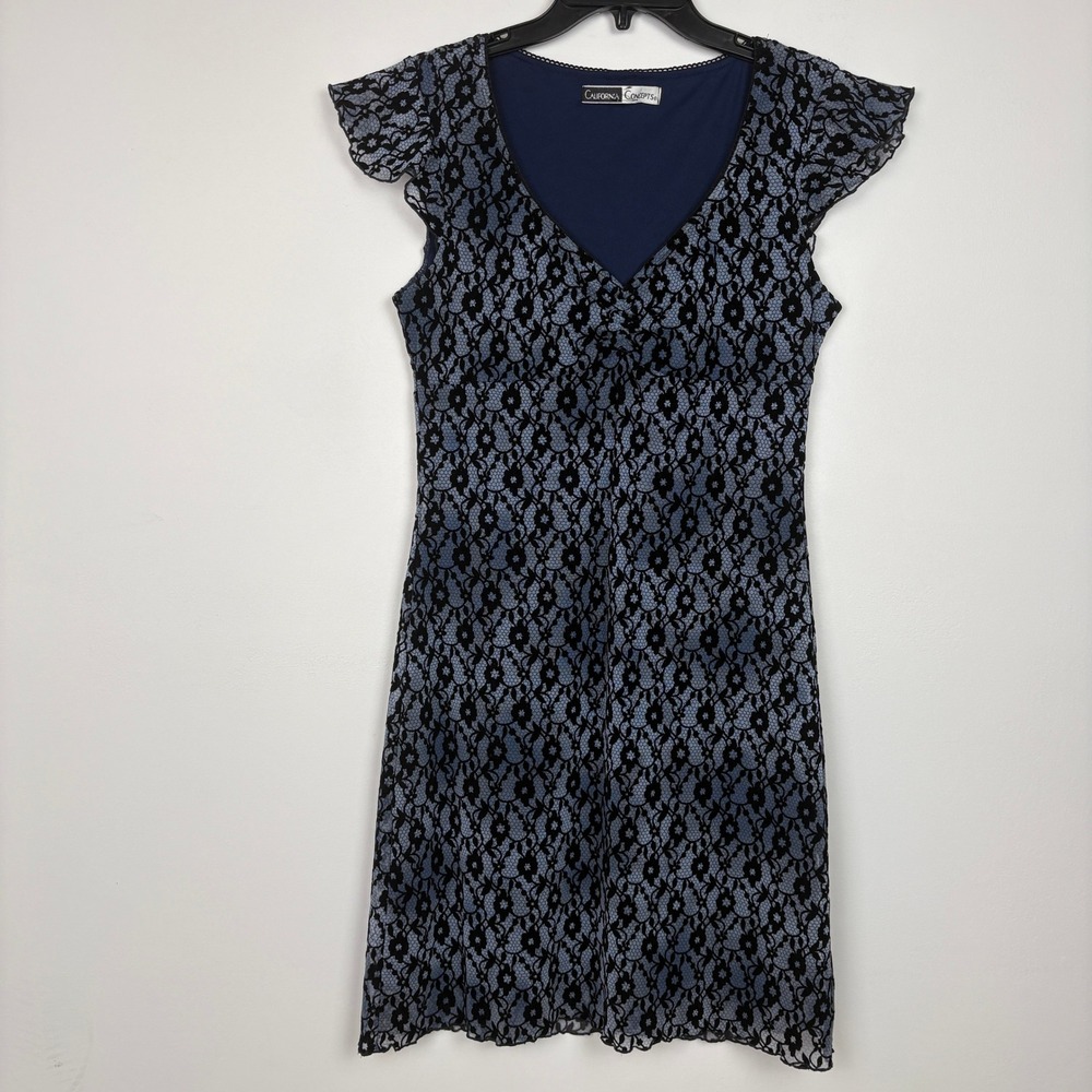 Vtg 90s Lace Flocked Mini Dress S Blue Floral V Neck Flutter Sleeve Fairy Grunge